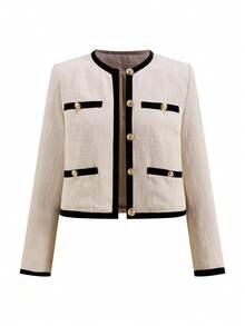 Ellevyn Women's Elegant Contrast Color Black And White Crew Neck Long Sleeve Fashionable Short Jacket Winter  Christmas New Year Thanksgiving Graduation Elegant Formal - Apricot - View 10