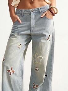 Bohemela 女士时尚水洗镂空口袋宽松裤