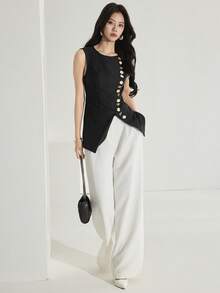 Heiryn 女士圆领金属单排扣不对称下摆时尚百搭无袖衬衫 - 黑色 - 查看 4