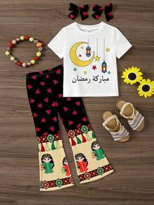 SHEIN 2pcs/Set Young Girl Cartoon Casual Round Neck Short Sleeve Top And Flare Pants - Multicolor - View 3