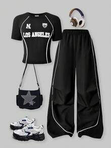 SHEIN ChillGRL Bộ 2 áo phông và quần dài thường ngày cho bé gái tuổi teen, in hình ngôi sao màu trắng ở ngực, dây rút trang trí màu trắng, thích hợp để đi dạo, mua sắm, đi học, có thể kết hợp với áo khoác, áo vest - màu đen - Xem 1