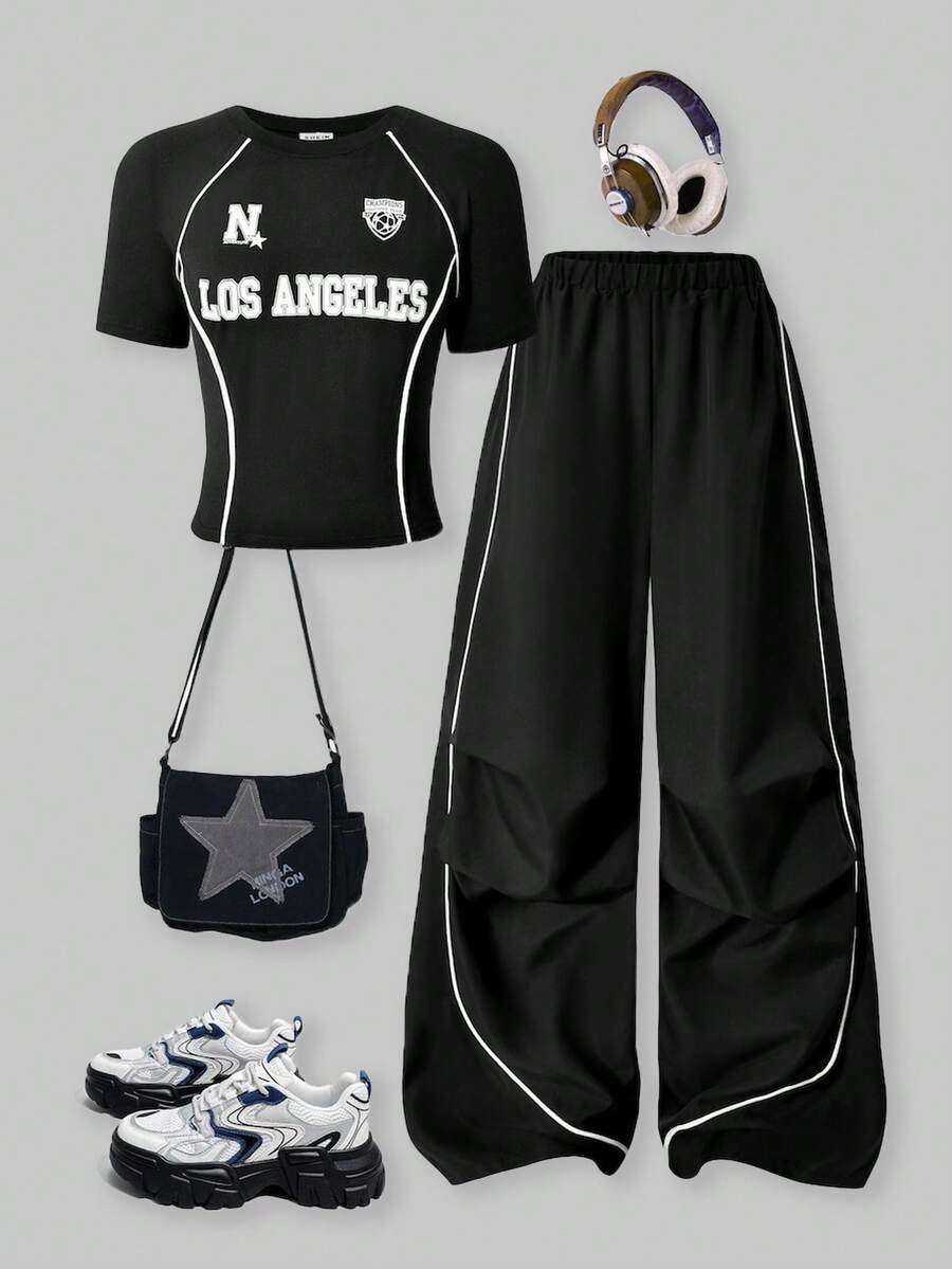 SHEIN ChillGRL Bộ 2 áo phông và quần dài thường ngày cho bé gái tuổi teen, in hình ngôi sao màu trắng ở ngực, dây rút trang trí màu trắng, thích hợp để đi dạo, mua sắm, đi học, có thể kết hợp với áo khoác, áo vest - màu đen - Xem 1