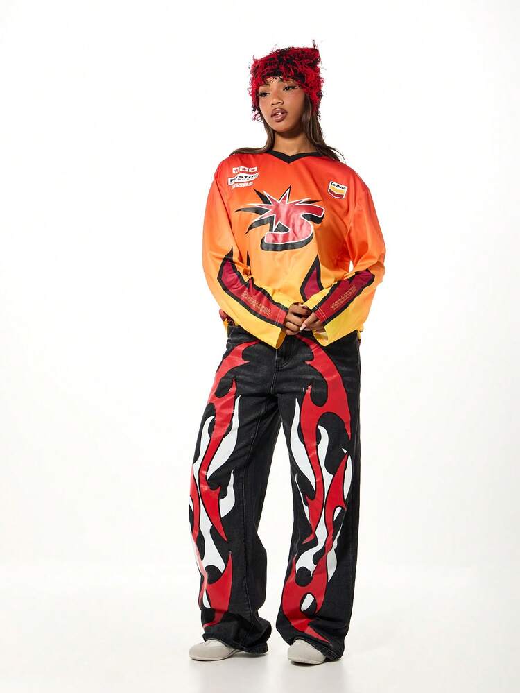 SUMWON Oversized Flame Print High Rise Wide Leg Denim Jeans With Distressed Details