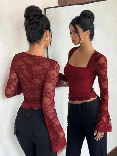 Siren Gaze Women's Elegant Lace Flare Sleeve Top With Square Neckline, Sheer Red Top, Suitable For Summer Vacation And Nightclub Wear Red Lace Top Dark Red Top See Through Top Red Mesh Top See Through Tops, Red Top, Valentine, Spring Break Valentine's Day Casual Holiday Resort Burgundy Top