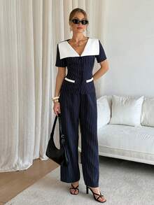 Siren Gaze Women's Striped Short Sleeve Single-Breasted Shirt And Pants Casual Suit - Navy Blue - View 4