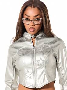 SUMWON WOMEN Metallic Panel Cropped Moto Jacket With Star Embellishments And Full Zip Closure For Fall Winter - Grey - View 4