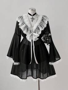 Sunspun 优雅性感浪漫薄纱蕾丝边V领喇叭袖连衣裙，A字裙摆设计，适合春、夏、秋季及约会场合。 - 黑色 - 查看 4