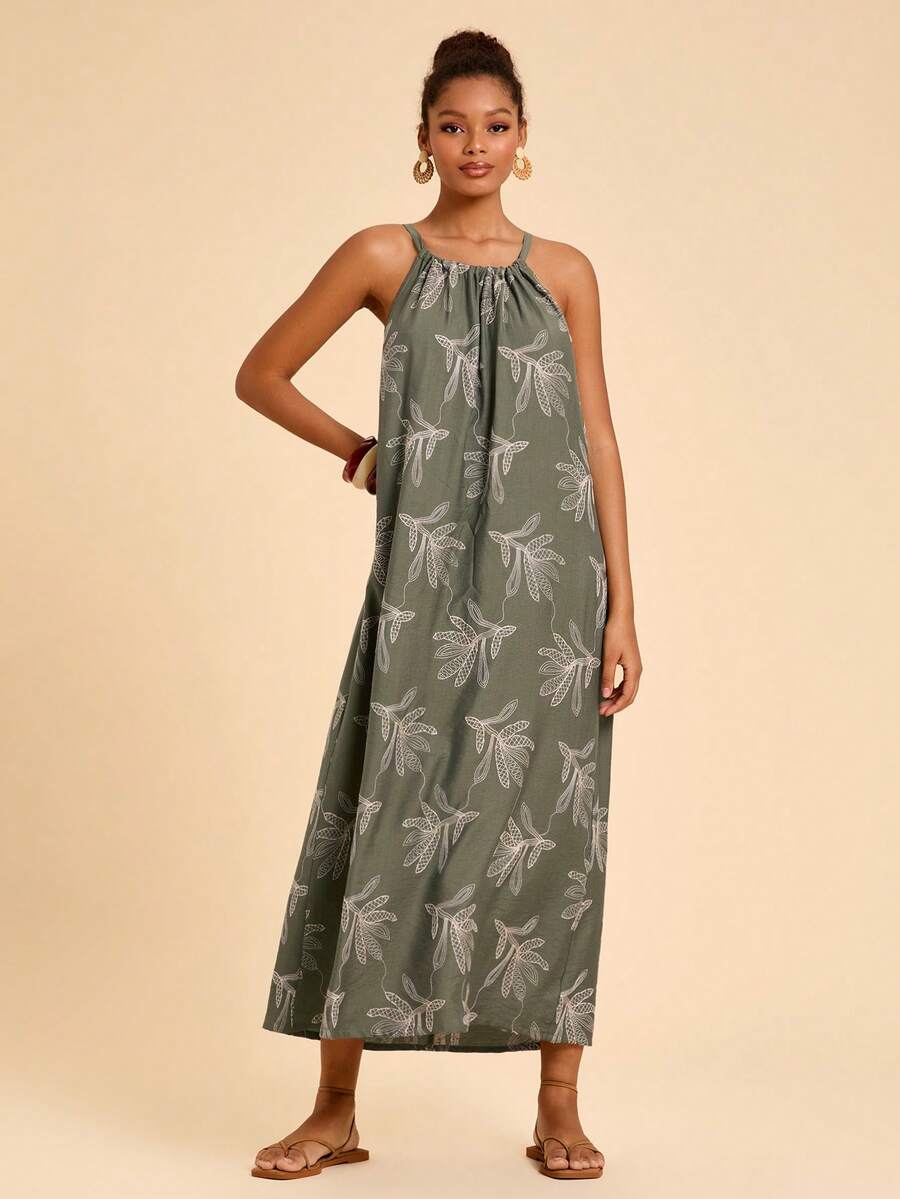 Travachic Đầm nữ in họa tiết cây nhiệt đới, cổ yếm, kiểu dáng thường ngày, thích hợp cho kỳ nghỉ lễ hội hoặc mùa hè. - xanh xám - Xem 1