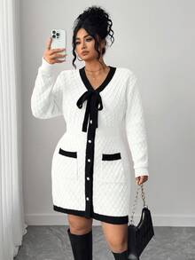 Elenzga Plus Size Women Colorblock Knitted Tie Front Elegant Sweater Dress, Autumn/Winter - White - View 1