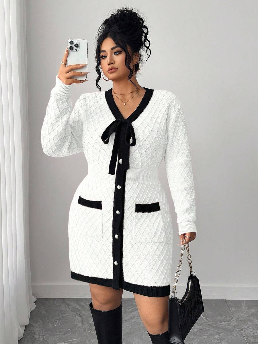 Elenzga Plus Size Women Colorblock Knitted Tie Front Elegant Sweater Dress, Autumn/Winter - White - View 1