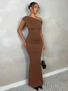 SHEIN BAE 优雅女士不对称下摆连衣裙，适合日常穿着、约会、外出、派对、夜店、万圣节等场合。 - 棕色 - 查看 5