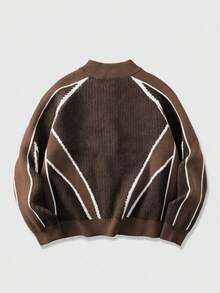 ROMWE MEN 男士字母提花撞色拉链休闲针织开衫，秋冬款 - 咖啡棕 - 查看 2