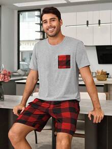 SHEIN Plaid Print Men's 2-Piece Pajama Set - Light Grey - View 6