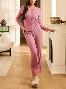 Moireta Elegant Lace Patchwork V-Neck Open Front Cotton Women Pajama Set, Suitable For Valentine's Day - Dusty Pink - View 6