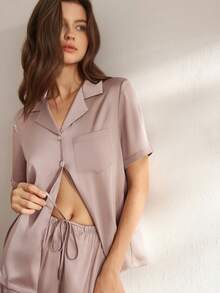 Ocili Bộ đồ ngủ vải satin mềm mại, co giãn, có ve áo dành cho nữ - Màu Khaki - Xem 6