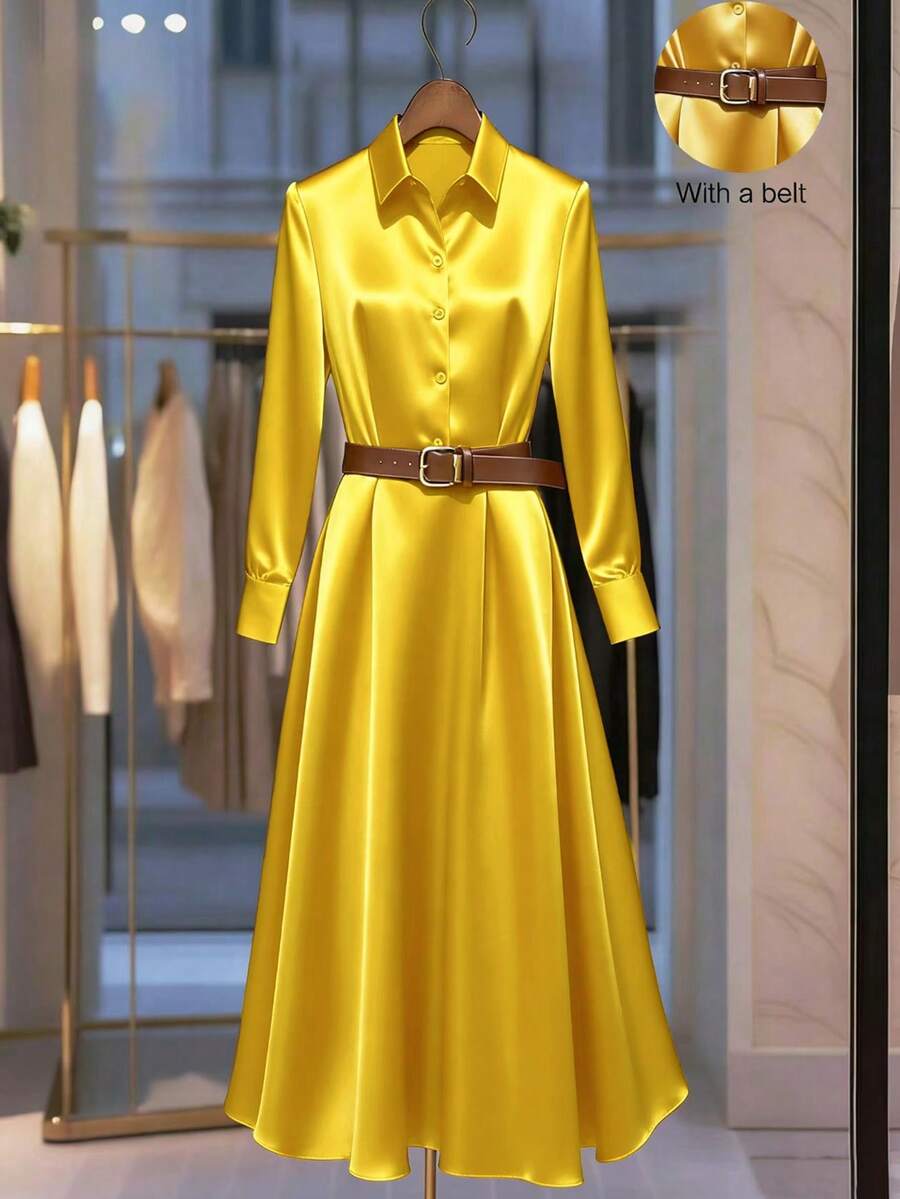 GlowEve CURVE Váy sơ mi trơn màu thanh lịch cỡ lớn cho đi làm - Màu vàng - Xem 1