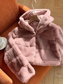 Comfortcana Abrigo con capucha corto de unicolor de felpa para mujer en otoño/invierno - Marrón - Ver 4