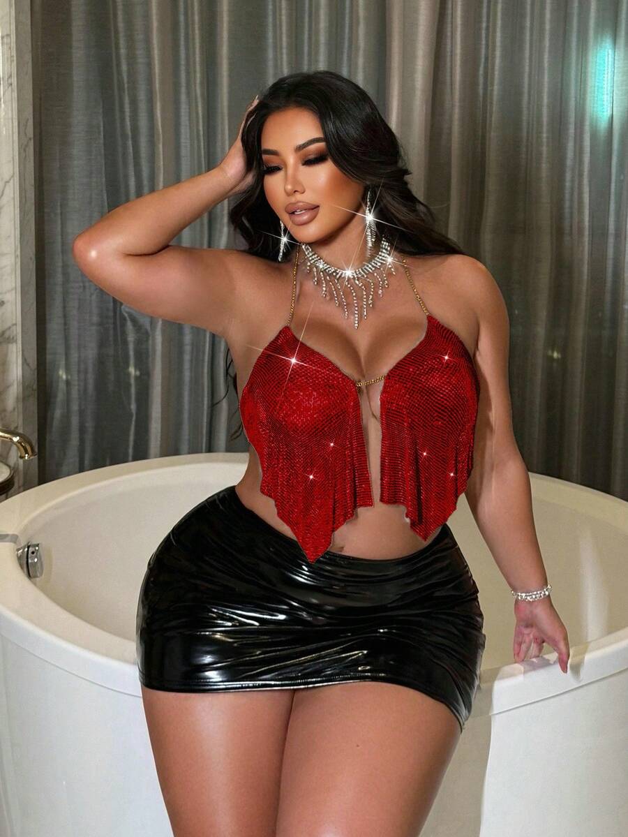 NU&NOW Áo cánh không tay đính sequin và dây xích kim loại gợi cảm cỡ lớn màu bạc cho bữa tiệc - Đỏ - Xem 1