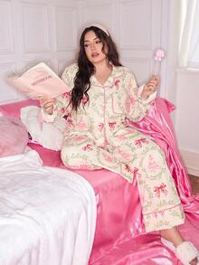 SweetSlumber 圣诞蝴蝶结印花翻领开衫，系腰长袖加大码睡衣套装 - 彩色 - 查看 3