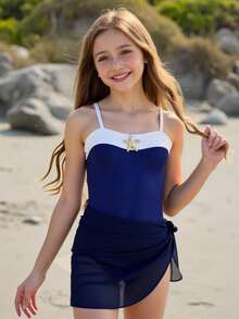 SHEIN 3 pièces/set Maillot de bain tankini et jupe pour filles, décoré d'étoiles de mer dorées avec contraste de couleurs bleu et blanc. Convient pour la plage, la piscine, le surf, les vacances et les voyages d'été - Bleu azur - Voir 6