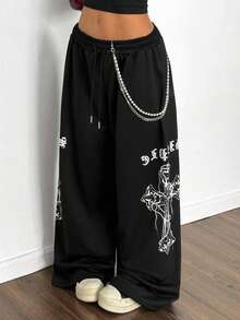StreetHx 女式街头时尚宽松黑色朋克印花运动裤 - 黑色 - 查看 7