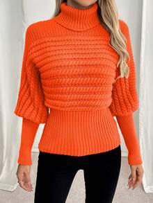 EMERY ROSE 高领麻花针织宽松时尚超大修身套头毛衣 - 橘色 - 查看 3