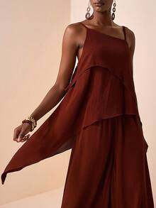 Zivah 2026 Spring/Summer New Valentine's Day, Music Festival, Easter, Western, Nomadic, Bohemian, Nashville Inspired Party, Wedding, Evening, Date, Gathering, Birthday, Collegiate, Student, Daily Casual, Versatile, Leisure, Cruise Travel, Beach, Sunbathing, Elegant, Commute, Business Casual Loose Camisole Top + Wide Leg Pants Set, Real Pockets, Brown 2-Piece Set, Spring/Summer Set, Vacation Set, Casual Set, Women's 2-Piece Outfit - Rust Brown - View 8