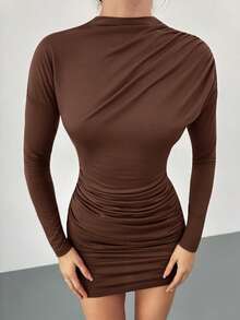 Firerie Vestido mini de manga larga con pliegues de unicolor elegante para mujer - Marrón - Ver 4