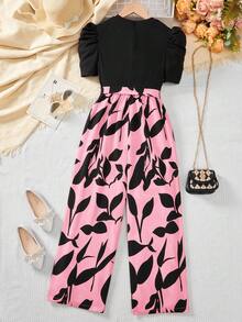 SHEIN Teen Girls Casual Elegant Monochrome Printed Splice Short Sleeve Wide Leg Jumpsuit