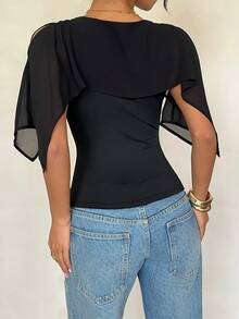 Siren Gaze Women's Bohemian Style Chiffon Knit Blouse (Black) Shawl Top Black Top Sheer Sleeve Top Cut Out Sleeve Top Cute Black Top Black Sheer Top Summer - Black - View 2