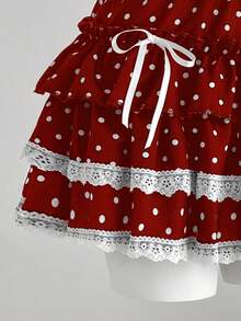 Elamini 1 chiếc váy dự tiệc ngắn thắt nơ ren họa tiết chấm bi đen trắng, dễ thương và thoải mái dành cho nữ - Đỏ và trắng - Xem 6