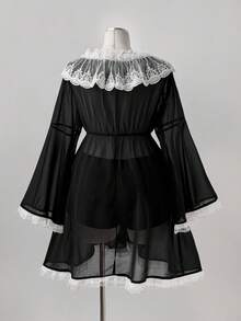 Sunspun 优雅性感浪漫薄纱蕾丝边V领喇叭袖连衣裙，A字裙摆设计，适合春、夏、秋季及约会场合。 - 黑色 - 查看 2