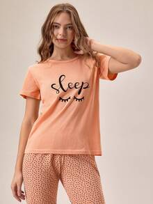 Loomlin 100% Cotton 2Pcs Eye&Heart Printed Short Sleeved Shirt &Long Heart Pattern Sleep Pants PJ Set - Coral Orange - View 6