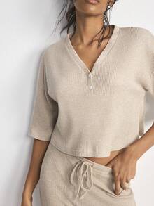 Ocili 女士休闲柔软华夫格针织套头衫和裤子睡衣套装，舒适时尚的秋冬睡衣 - 卡其色 - 查看 7