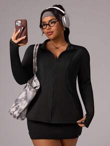 Rhythm Era Chaqueta deportiva de manga larga con cierre frontal ajustada de unicolor para mujer de talla grande - Negro - Ver 3