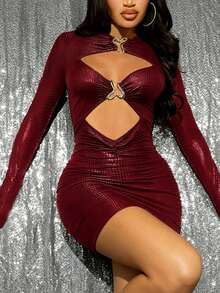 SHEIN BamGlam 女士纹理领口金属U型扣深V镂空褶皱性感紧身长袖PU连衣裙，感恩节女士节日服装，复古风格，新年活动，圣诞节，派对，婚礼 - 紅色 - 查看 3