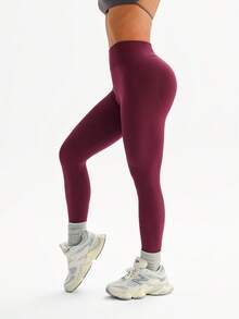 Dewbera High Waist Seamless Solid Color Leggings, Butt Lifting & Sexy - Burgundy - View 4