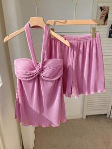 Comfortcana 女士無袖v領褶皺短款上衣和短褲套裝 - 粉色 - 查看 13