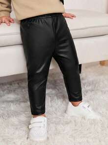 SHEIN Stylish Baby Girl Black Faux Leather Look Long Pants For Everyday Wear