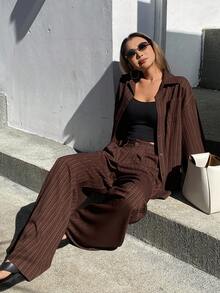 Livesso Brown Textured Pleated Striped Long Sleeve Shirt And Straight Leg Casual Pants 2 Pieces Suit Set, Loose Fit Business Casual Vacation Office Wear, Suitable For Autumn, Spring, Summer - Brown - View 5
