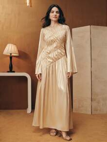 Anewsta Asymmetrical Ruffle Flare Sleeve Dress - Apricot - View 5