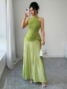 SHEIN Elenzya 女士绿色圆领吊带长裙，夏季度假风优雅无袖褶裥下摆二合一设计连衣裙 - 綠色 - 查看 3