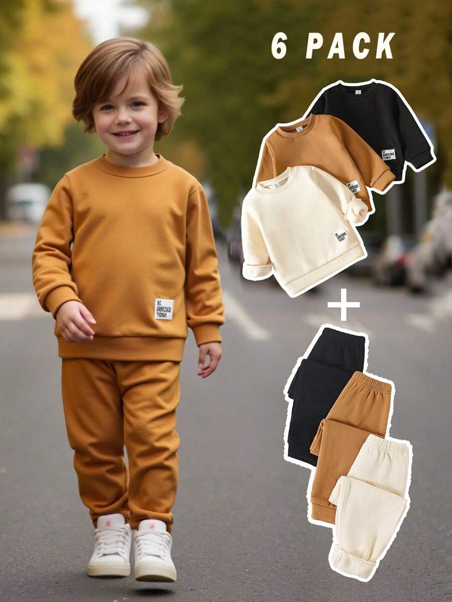 SHEIN Genkimix Kids 3件套 Young Boy 新款秋冬活力字母刺绣圆领长袖上衣和裤子套装,有意义的字母刺绣设计,柔软的面料,宽松版型,适合日常穿着、上学、郊游、度假 - 彩色 - 查看 1