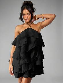 MISSGUIDED Vestido mini de organza con volantes, cuello halter y detalle de cordones en la espalda, vestido de fiesta con capas escalonadas para eventos especiales - Negro - Ver 5