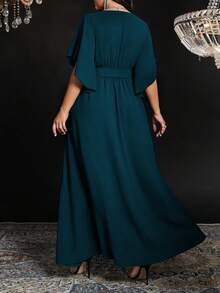 Auvina 大码女式纯色修身V领喇叭袖系带腰部褶皱开衩优雅派对连衣裙 - 水鴨藍 - 查看 2