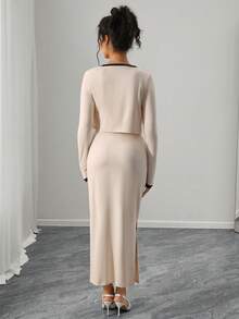 Momance 2pcs Maternity Outfit: Contrast Color Minimalist Casual Sleeveless Dress & Long Sleeve Jacket Set - Apricot - View 2