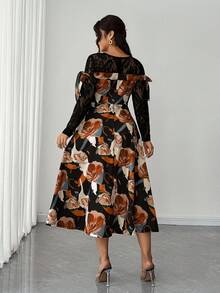 Elenzga Plus Size Women Elegant Lace Patchwork Floral Print Dress - Multicolor - View 4