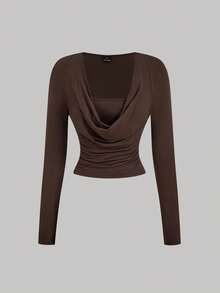 SHEIN MOD Women's 2pcs Women's Scoop Neck Long Sleeve T-Shirts, Earth Tone ,Spring Break Outfits,Summer Holiday Outfits,Valentine's Day,Birthday, Elegant,Retro,Going Out Top Elegant Tops Women Long Sleeve Tops - Multicolor - View 3