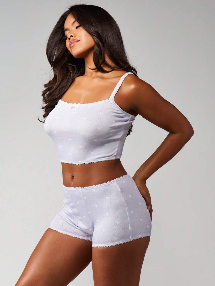 MISSGUIDED Pointelle Knit Pajama Set With Scoop Neck Camisole Top And Matching Shorts With Lace Trim Details - Light Grey - View 1