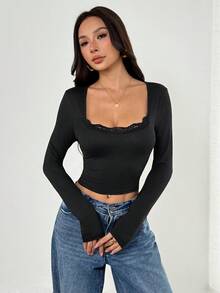 SHEIN PETITE Áo thun nữ cổ tròn tay dài phối ren màu tương phản trơn - màu đen - Xem 11